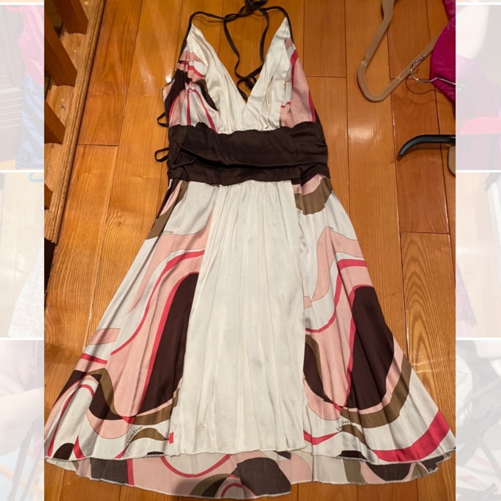 Bebe halter dress white pink and brown